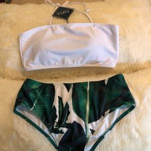 Zaful Palm Leaf Strapless High Cut Bikini (NEW)